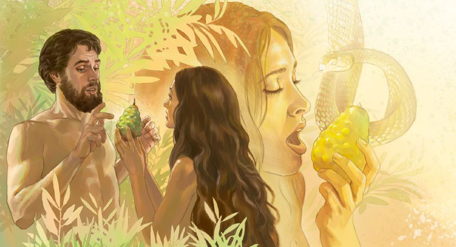 حوّا از ميوهٔ درخت ممنوعه می‌خورد و آن را به آدم نيز می‌دهد