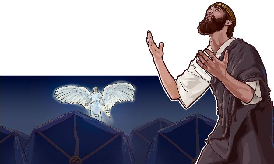 حِزْقيا در حال دعا و فرشته‌ای شمشير به دست