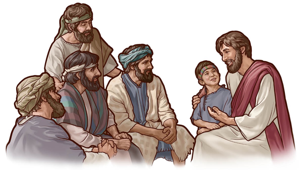 عيسی به شاگردانش تعليم می‌دهد كه مانند يک كودک فروتن باشند