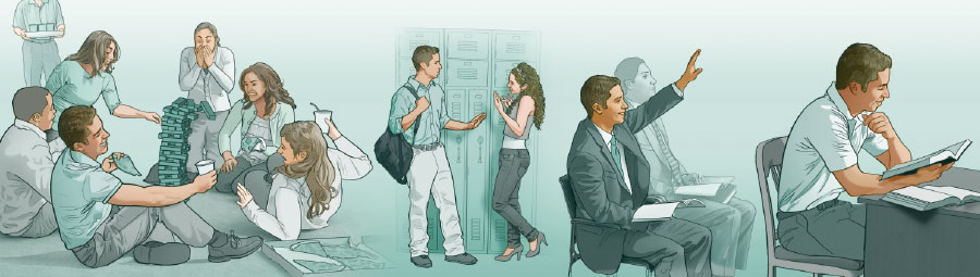 برادری جوان در حال مطالعهٔ شخصی،‏ جواب دادن در جلسه و لذّت بردن از تفريحی سالم