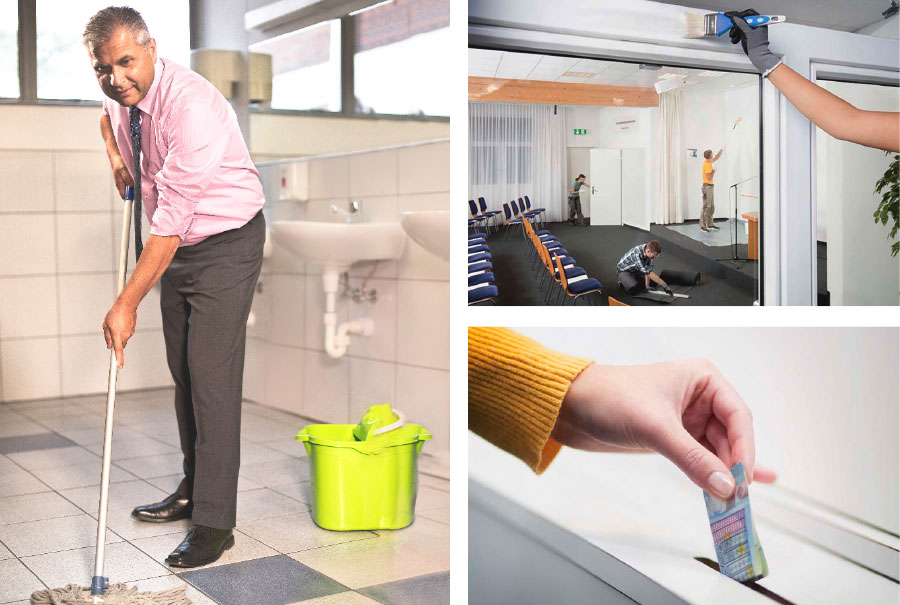 برادران و خواهران در حال نظافت سالن جماعت،‏ دست‌شويی و اهدای اعانه