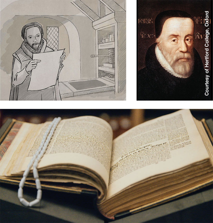 ويليام تيندِل؛‏ ويليام تيندِل در كنار دستگاه چاپ؛‏ نسخه‌ای از اولين كتاب عهد جديد تيندِل