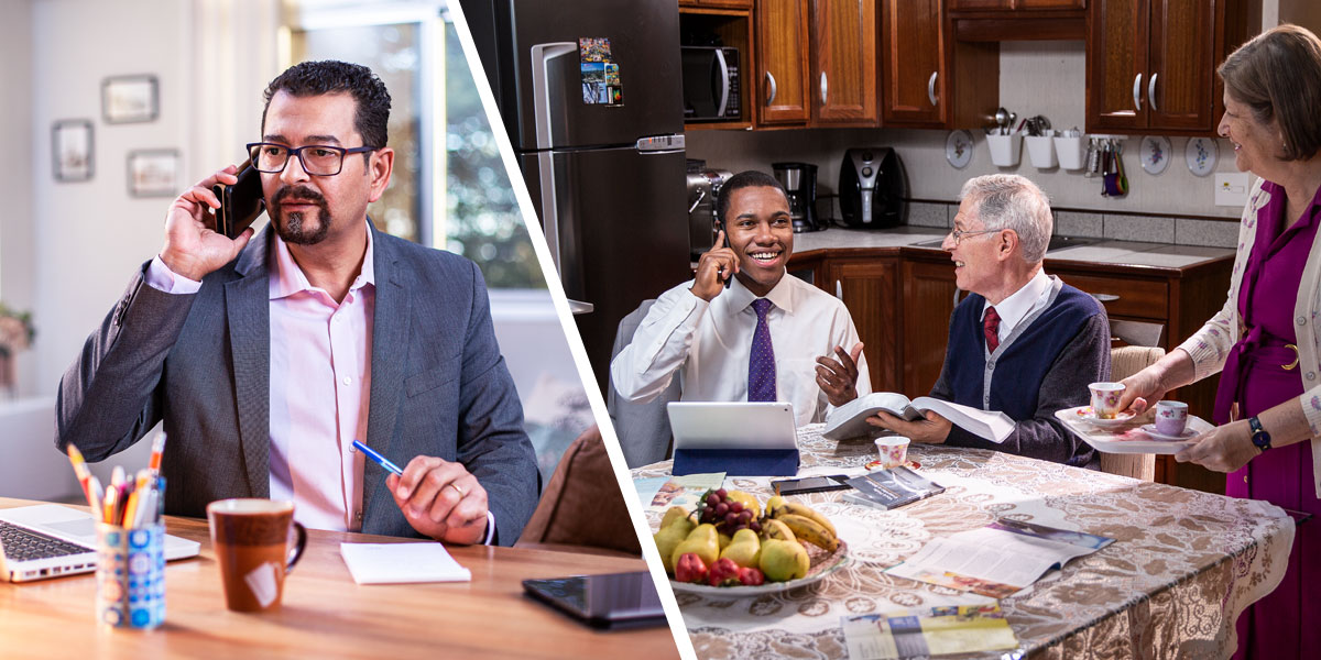 تصاوير:‏ برادری جوان در حال موعظه از طريق تلفن.‏ ۱)‏ برادری در حال تماس تلفنی با يک تاجر.‏ ۲)‏ آن تاجر در حال گوش دادن به برادرمان 