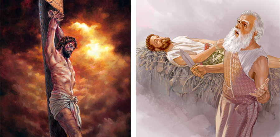 تصاوير:‏ ۱)‏ ابراهيم چاقو به دست و اسحاق بر مذبح ۲)‏ عيسی بر چوبهٔ شكنجه