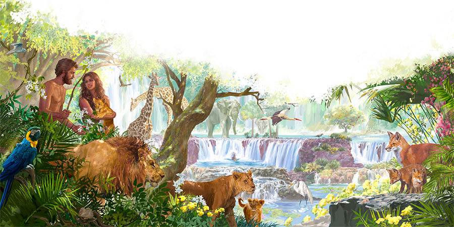 آدم و حوّا در بهشت با انواع حيوانات،‏ درختان و آبشارها