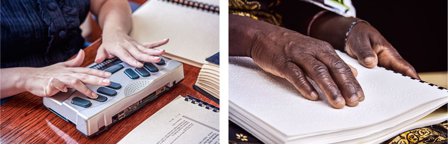 تصاوير:‏ ۱)‏ خواهری نشريه‌ای را به زبان بريل می‌خواند ۲)‏ خواهری در حال استفاده از دستگاه صفحهٔ نمايش بريل 