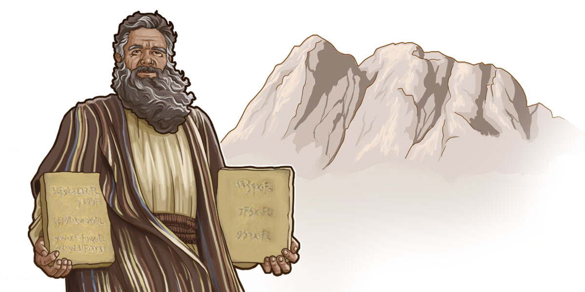 موسی كنار كوه سينا دو لوح سنگی كه ده فرمان بر آن‌ها نوشته شده است در دست دارد
