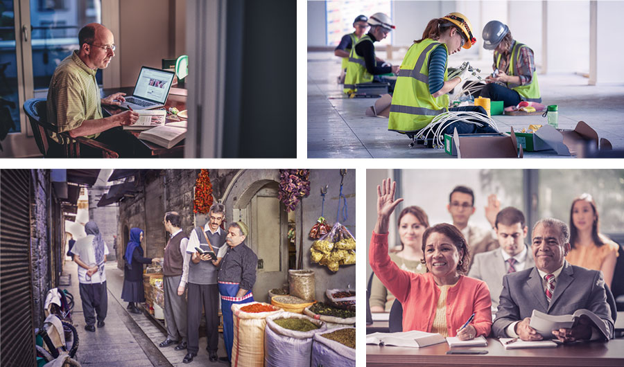 مجموعه تصاوير:‏ شاهدان يهوه در حال انجام مسئوليت‌های مختلف ۱)‏ خواهران در حال ساختمان‌سازی ۲)‏ برادری در حال آماده‌سازی برای ادارهٔ برج‌دبده‌بانی ۳)‏ برادری در حال موعظه به مغازه‌دار در حالی كه برادر ديگر مراقب برخورد مخالفان است ۴)‏ زوجی در دورهٔ آموزشی بشارت‌دهندگان.‏