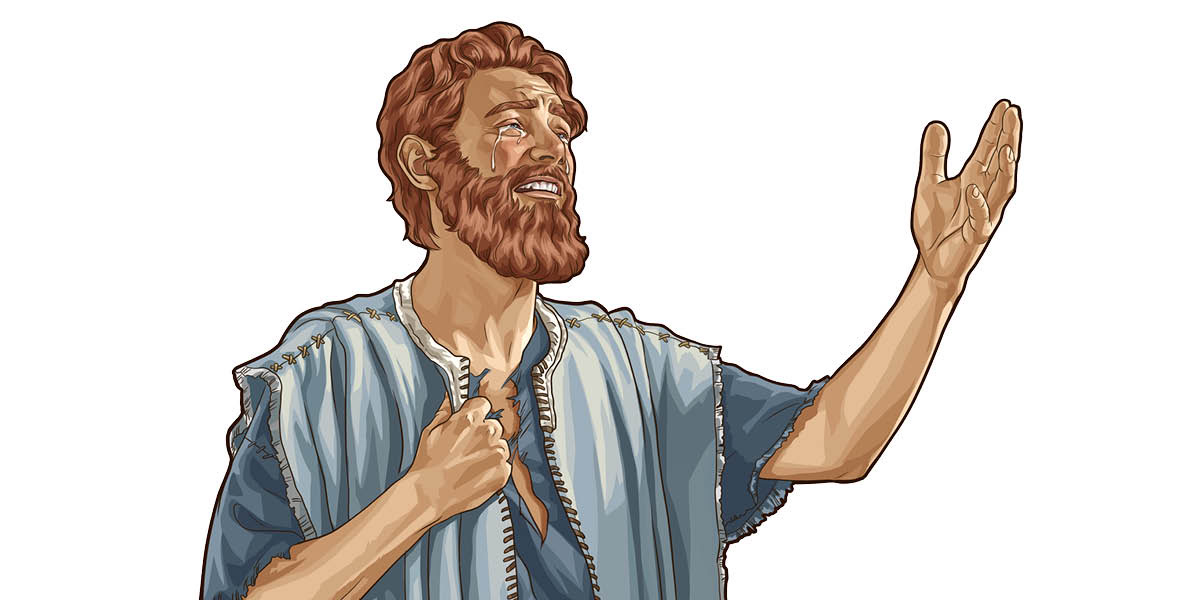 داوود گریه می‌کند و مرثیه می‌خواند.‏ او لباس خود را چاک زده است.‏