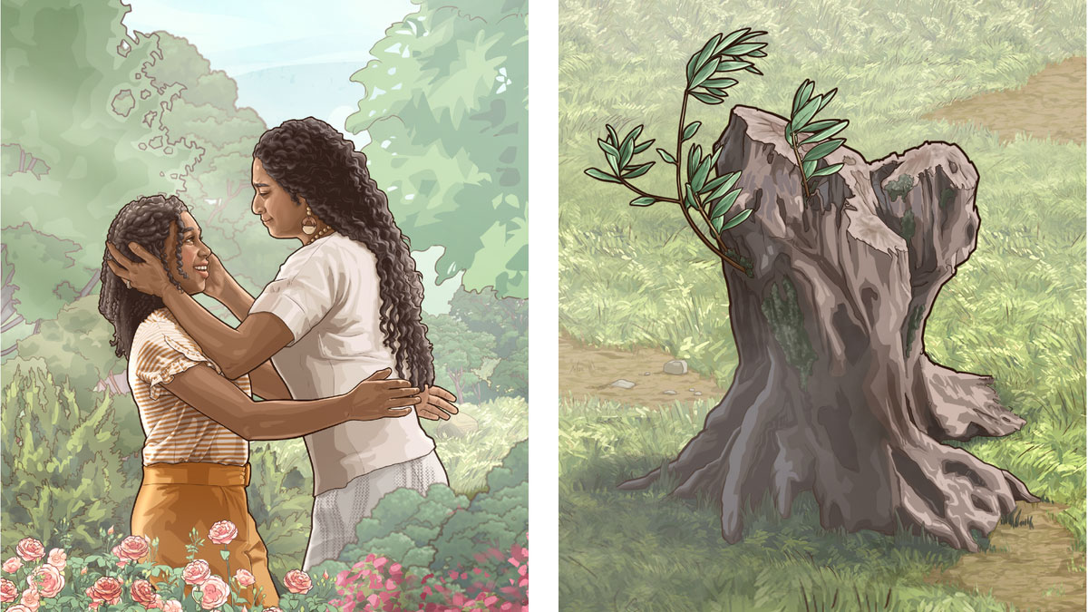 مجموعه‌ای از تصاویر:‏ ۱)‏ کندهٔ درختی که شاخه‌هایی از آن سبز می‌شود.‏ ۲)‏ در بهشت،‏ مادری دختر رستاخیزیافته‌اش را بغل کرده.‏