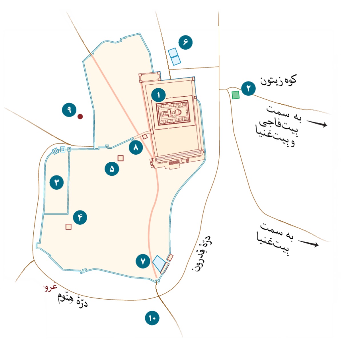 نقشهٔ اورشلیم و مناطق اطراف آن.‏ موقعیت‌های قطعی و احتمالی روی نقشه نشان داده شده است.‏ ۱.‏ معبد.‏ ۲.‏ باغ جِتسیمانی.‏ ۳.‏ کاخ فرماندار.‏ ۴.‏ خانهٔ قیافا.‏ ۵.‏ کاخ هیرودیس آنتیپاس.‏ ۶.‏ حوض بِیت‌حِسدا.‏ ۷.‏ حوض سیلوعام.‏ ۸.‏ سالن سَنهِدرین.‏ ۹.‏ جُلجُتا.‏ ۱۰.‏ حَقِل‌دَما.‏
