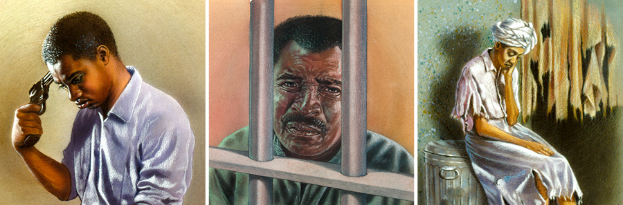 شخصی بی‌خانمان،‏ مردی در زندان،‏ مردی تفنگ را به قصد خودكشی بر پيشانی‌اش گذاشته است