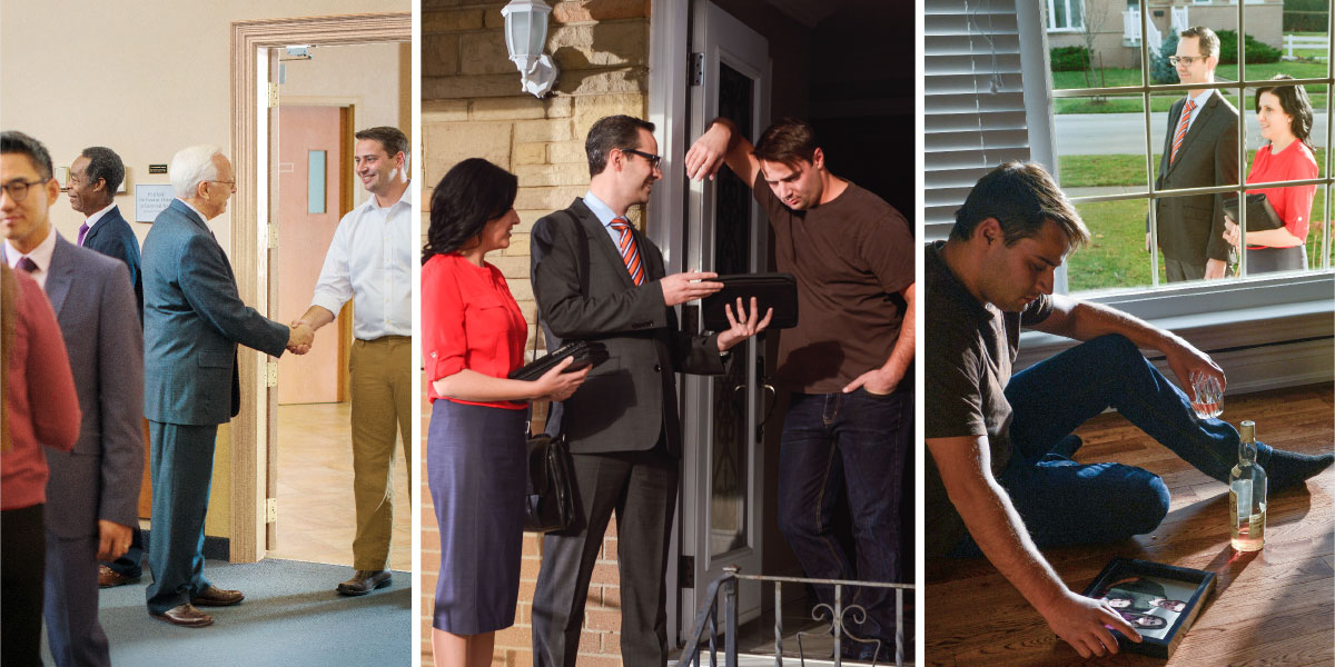 مردی تنها در خانه نشسته است و الكل می‌نوشد؛‏ شاهدان يَهُوَه به خانهٔ او رفته‌اند و به او موعظه می‌كنند؛‏ آن مرد به جلسه رفته است.‏