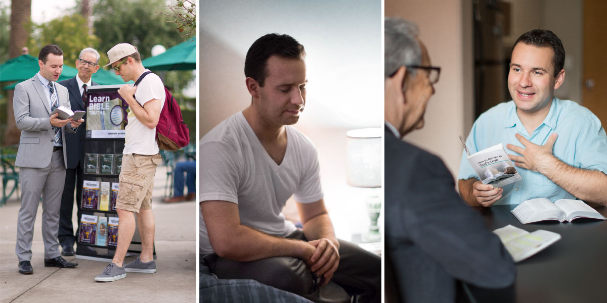 مردی كتاب مقدّس را مطالعه می‌كند،‏ دعا می‌كند و در موعظهٔ عمومی شركت می‌كند