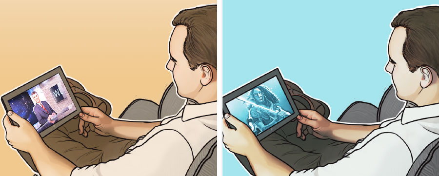 برادری به تصويری ناشايست روی تبلتش نگاه می‌كند؛‏ برادری برنامهٔ ماهانهٔ شاهدان يَهُوَه را تماشا می‌كند