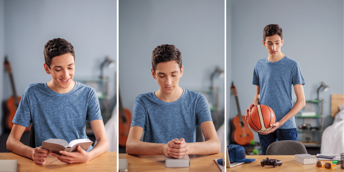 پسری نوجوان به جای توپ‌بازی،‏ دعا می‌كند و كتاب مقدّس را مطالعه می‌كند