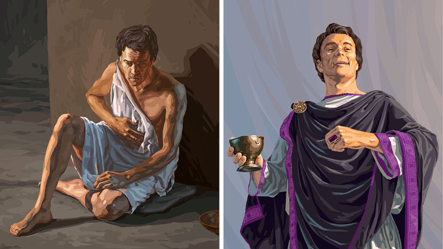 مردی اهل لائوديكيه كه ردايی بنفش بر تن كرده است،‏ جواهراتی دارد و جامی از طلا در دست گرفته است؛‏ همان مرد نيمه‌برهنه است و دچار سوءتغذيه شده است 