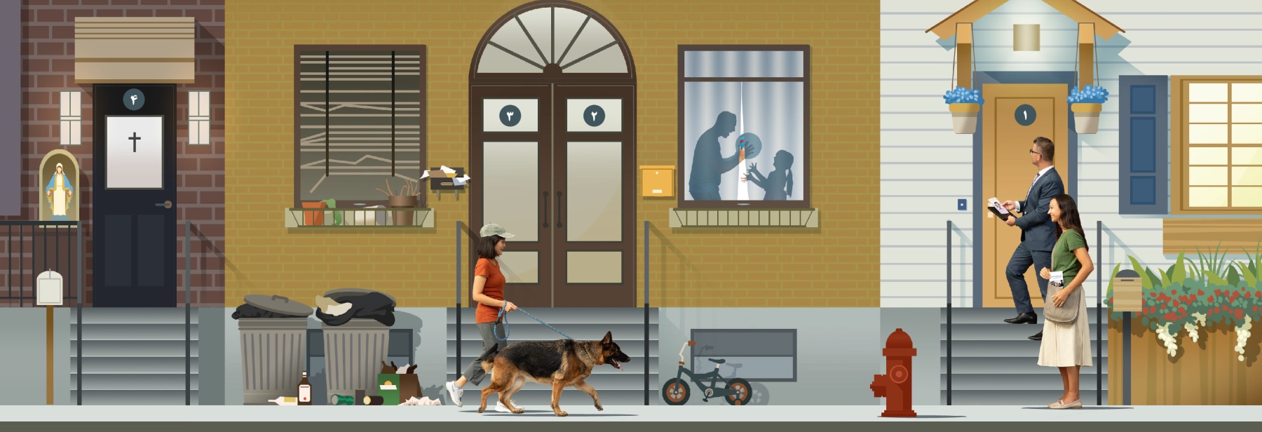 زوجی در خدمت موعظه به جزئيات توجه و دقت می‌كنند.‏ ۱)‏ آن زوج جلوی خانه‌ای تميز كه با گل تزيين شده است ايستاده‌اند.‏ ۲)‏ پدری در خانه با دختر بچه‌اش بازی می‌كند.‏ دوچرخه‌ای كوچک جلوی خانهٔ آنان است.‏ ۳)‏ خانه‌ای كه تميز نشده است.‏ پرده كركرهٔ خانه شكسته است،‏ سطل‌های زباله پر است و زباله‌ها روی زمين ريخته‌اند.‏ ۴)‏ خانه‌ای كه علامت صليب روی درب دارد و كنار درب مجسمهٔ مريم است.‏ ۵)‏ خانمی با يک سگ در پياده‌رو راه می‌رود.‏