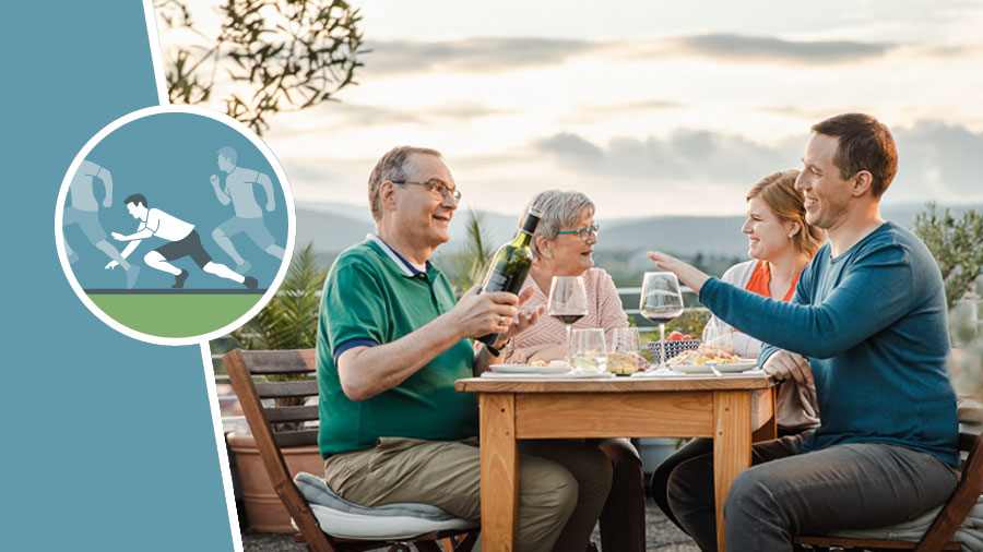 تصوير دونده‌ای كه در طول مسابقه زمين می‌خورد.‏ در كنار آن برادری مسن به برادری جوان كه مهمانش است شراب بيشتری تعارف می‌كند.‏ اما برادر جوان با احترام آن را رد می‌كند.‏