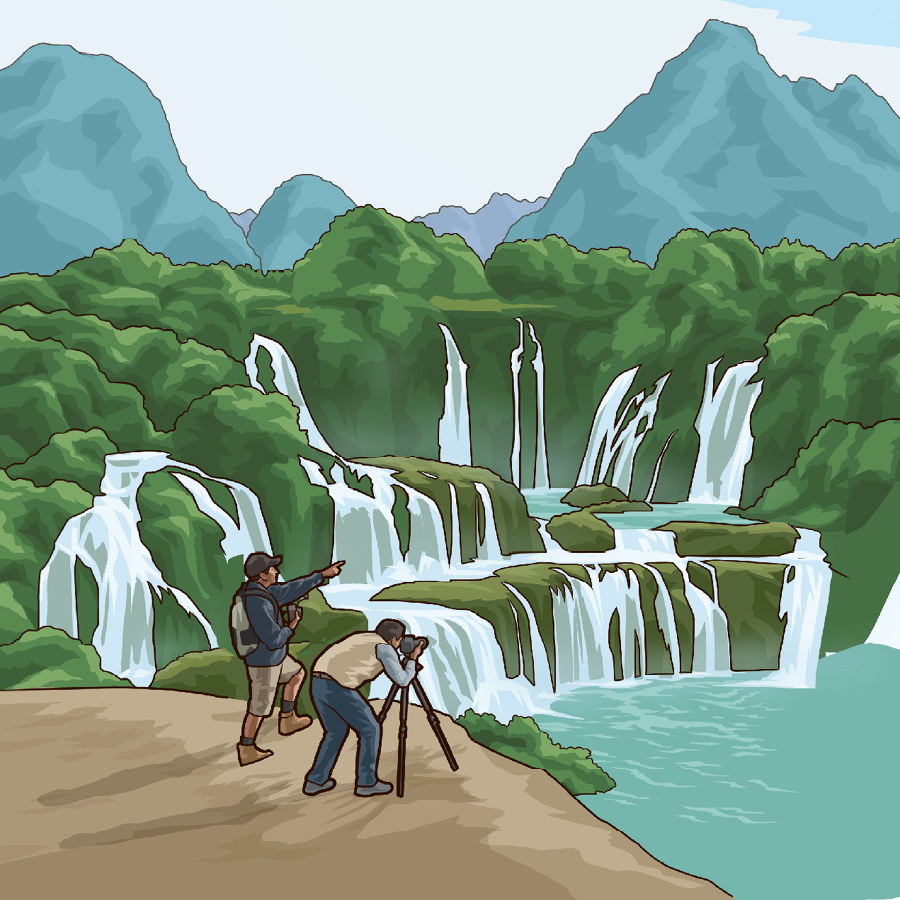 يک عكاس از كوه و آبشار عكس می‌گيرد.‏