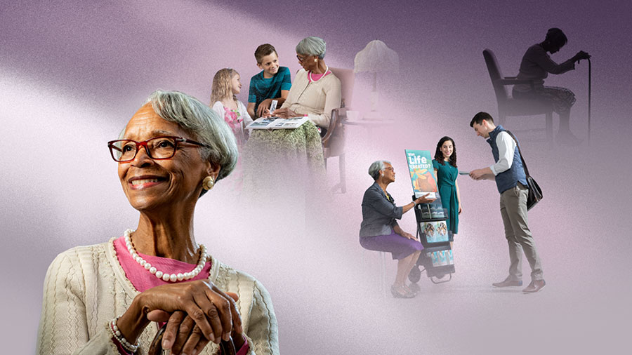 تصاويری كه نشان می‌دهد خواهری وفادار به دليل سالخوردگی با محدوديت‌های جسمی روبروست.‏ ۱)‏ او نشسته،‏ عصايی در دست دارد و مشغول دعاست.‏ ۲)‏ او به همراه خواهری جوان در موعظه با چرخ‌دستی شركت می‌كند.‏ ۳)‏ او آلبوم عكسش را به كودكان جماعتش نشان می‌دهد.‏ ۴)‏ او لبخندی بر لب دارد و احساس اعتمادبه‌نَفْس،‏ دلگرمی و مفيد بودن می‌كند.‏