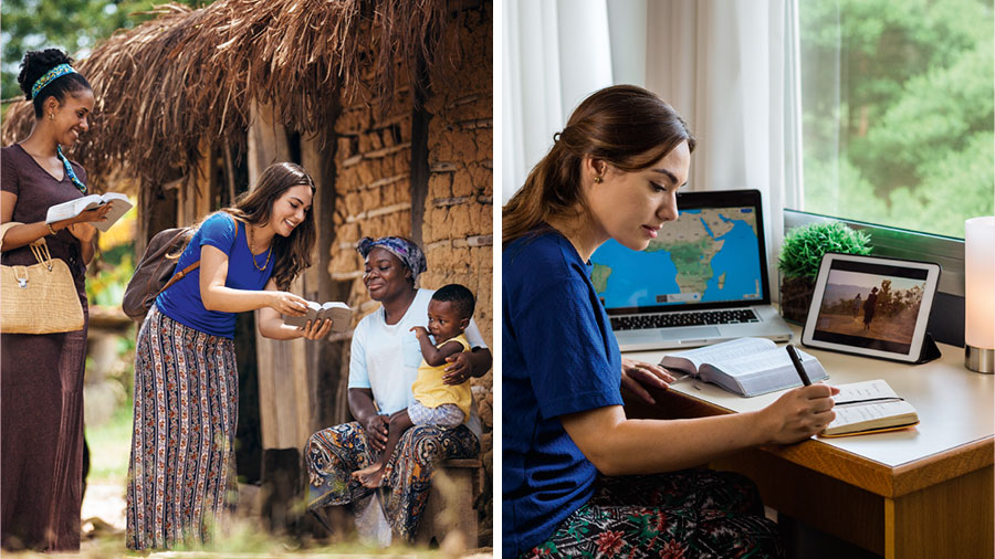 مجموعه‌ای از تصاوير:‏ ۱)‏ خواهری پشت ميزش نشسته است و ويديويی دربارهٔ خدمت در مناطق دورافتاده،‏ تماشا می‌كند.‏ او يادداشت‌هايی را در دفترش می‌نويسد.‏ ۲)‏ آن خواهر در كشوری ديگر موعظه می‌كند.‏