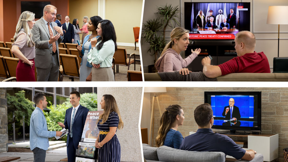 مجموعه تصاویر:‏ ۱)‏ زوجی در اخبار می‌بینند که رهبران دنیا با هم پیمان صلح می‌بندند.‏ ۲)‏ همان زوج با سرسختی عقایدشان را به دیگران می‌گویند