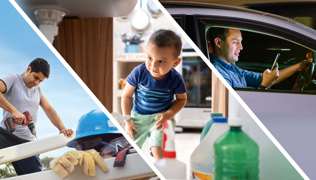 مجموعه تصاویر:‏ ۱)‏ برادری در حال رانندگی پیامک می‌زند.‏ ۲)‏ بچه‌ای در کابینت را که پر از مواد شیمیایی است باز می‌کند.‏ ۳)‏ برادری از دریل استفاده می‌کند در حالی که وسایل ایمنی ندارد.‏