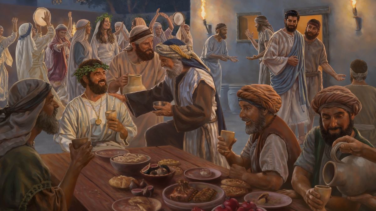 عیسی در جشن عروسی است.‏ عروس و داماد و مهمانانشان می‌رقصند،‏ می‌خورند و شراب می‌نوشند.‏