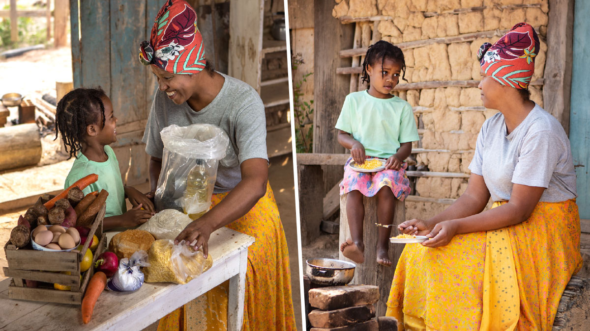 مجموعه‌ای از تصاویر:‏ مادری و دخترش با مشکلات اقتصادی روبرو هستند.‏ ۱)‏ آن‌ها بیرون خانهٔ ساده‌شان نشسته‌اند و غذای کم می‌خورند.‏ ۲)‏ آن‌ها از دریافت یک بستهٔ کمکی خوشحال هستند.‏