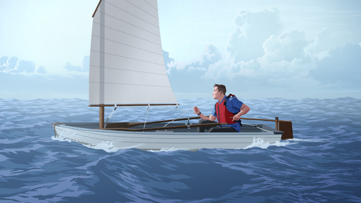 مردی در قایق کوچک که بادبانش باز است.‏