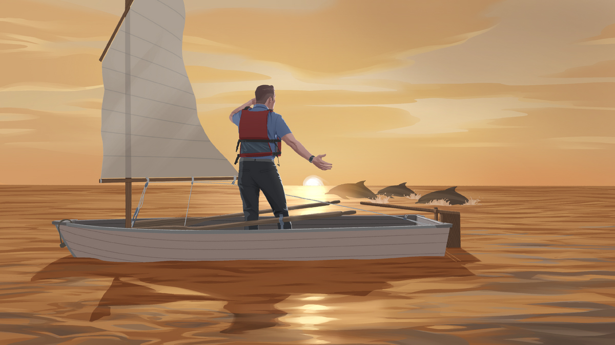 همان مرد در قایقش نشسته است و دلفین‌هایی را می‌بیند که از آب بیرون می‌پرند و آفتاب غروب می‌کند.‏