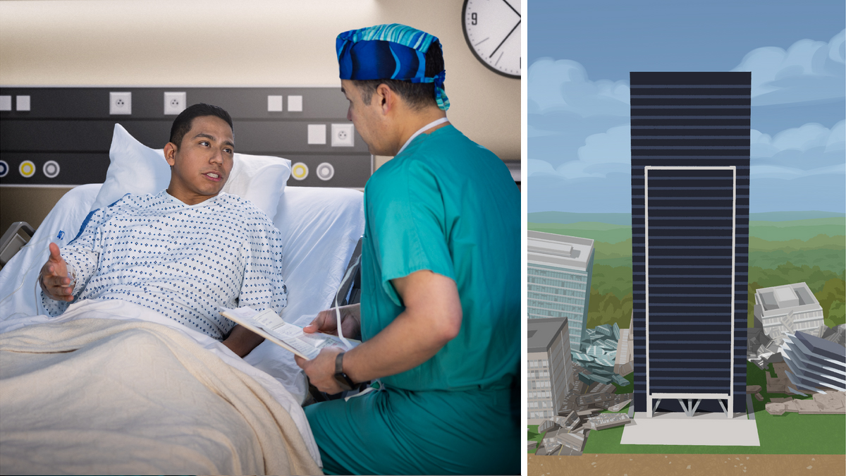 مجموعه‌ای از تصاویر:‏ ۱)‏ ساختمان بلند که در عکس قبل دیده می‌شود پابرجا مانده در حالی که ساختمان‌های اطرافش در اثر فاجعهٔ طبیعی خراب شدند.‏ ۲)‏ برادری که در عکس قبل دیده می‌شود روی تخت بیمارستان می‌نشیند و موقع شب با یک دکتر صحبت می‌کند.‏