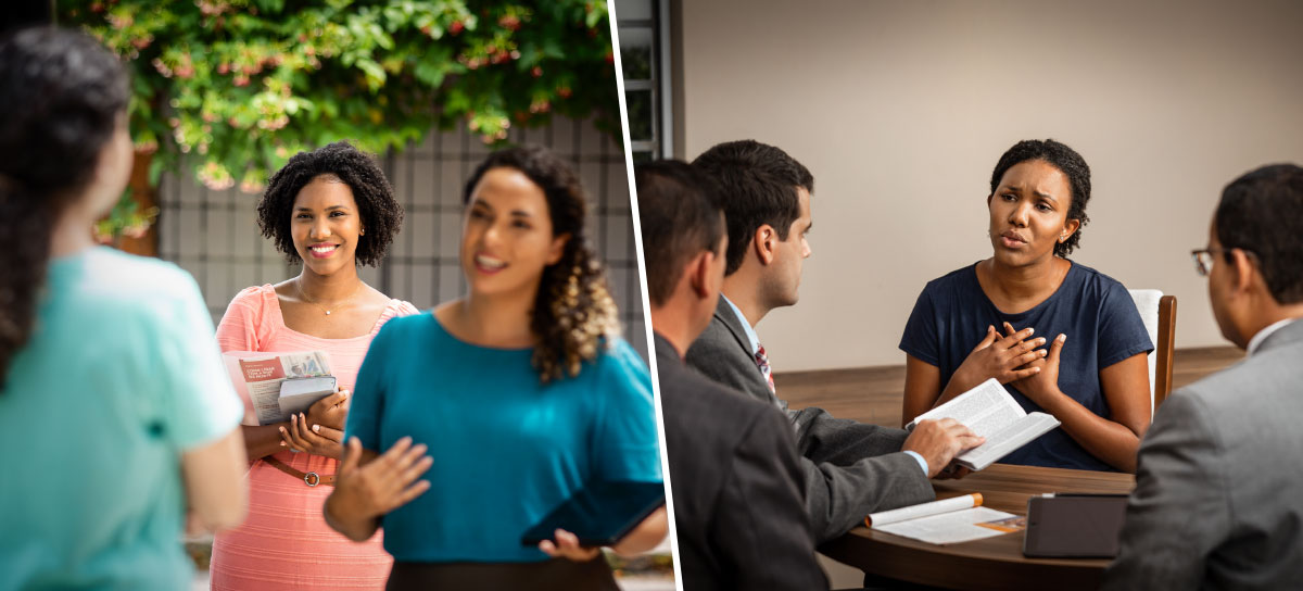 مجموعه‌ای از تصاویر:‏ ۱)‏ خواهری احساساتش را به سه پیر جماعت ابراز می‌کند.‏ ۲)‏ بعداً آن خواهر با شادی در کنار یک خواهر دیگر موعظه می‌کند.‏