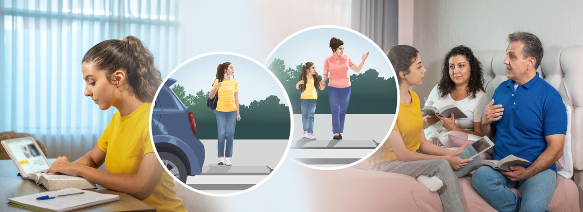 مجموعه‌ای از تصاویر:‏ ۱)‏ خواهری جوان به والدینش گوش می‌دهد.‏ او مقاله‌ای را در تبلت خود می‌خواند و والدینش کتاب مقدّس به همراه دارند.‏ ۲)‏ همان خواهر با استفاده از تبلت،‏ کتاب مقدّس و دفترچه مطالعه می‌کند.‏ تصاویر کوچک:‏ ۱)‏ مادری دست دخترش را می‌گیرد و می‌گوید که موقع رد شدن از خیابان به هر دو طرف نگاه کند.‏ ۲)‏ دختری که بزرگ شده تنهایی از خیابان رد می‌شود.‏