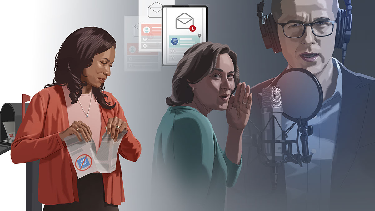 مجموعه‌ای از تصاویر:‏ راه‌های پخش داستان‌های دروغی ۱)‏ مردی پادکست ضبط می‌کند.‏ ۲)‏ زنی درگوشی حرف می‌زند.‏ ۳)‏ ایمیل‌ها.‏ ۴)‏ بروشوری در صندوق پست.‏ خواهری آن را پاره می‌کند.‏