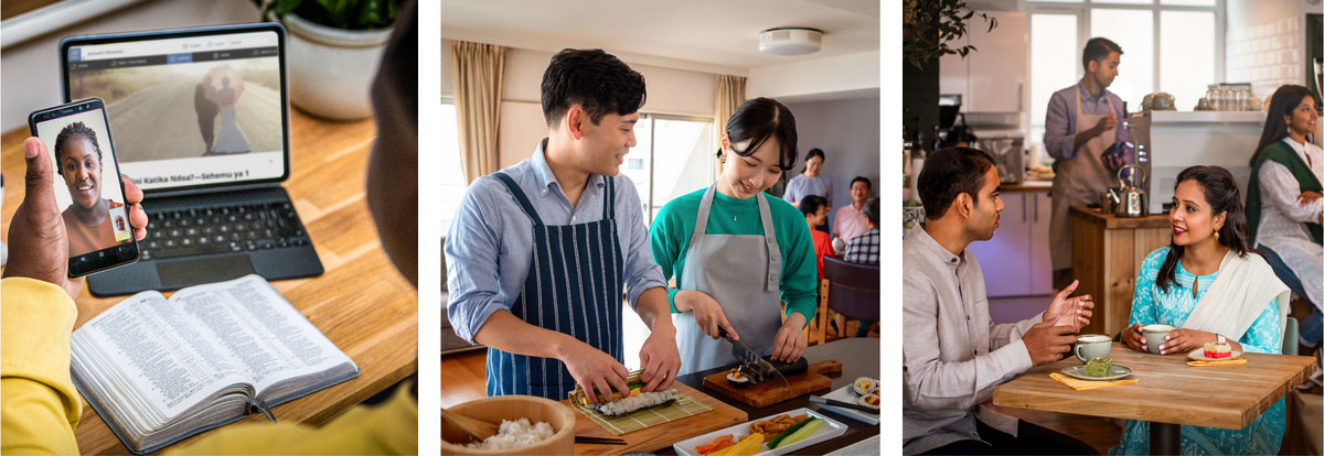 مجموعه‌ای از تصاویر:‏ ۱)‏ دو نفر که با هم آشنا می‌شوند در کافی‌شاپ صحبت می‌کنند.‏ ۲)‏ دو نفر دیگر که با هم آشنا می‌شوند در یک مهمانی غذا آماده می‌کنند.‏ ۳)‏ یک برادر و یک خواهر از طریق تماس ویدیویی با هم حرف می‌زنند.‏ آن‌ها مقاله‌ای را در jw.org در رابطه با ازدواج می‌خوانند.‏ یک کتاب مقدّس باز شده جلوی برادر قرار دارد.‏