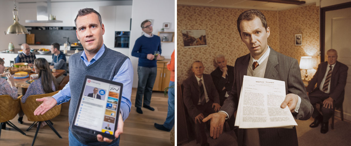 مجموعه‌ای از تصاویر:‏ ۱)‏ ده‌ها سال پیش برادری نامه‌ای با سربرگ «برج دیده‌بانی» به برادرانی دیگر که در یک خانه جمع شدند نشان می‌دهد.‏ ۲)‏ در زمان ما برادری یکی از ویدیوهای شاهدان یَهُوَه را به برادران و خواهران دیگر نشان می‌دهد.‏