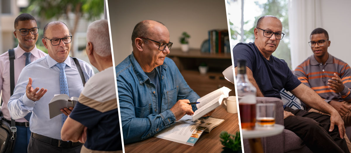 مجموعه‌ای از تصاویر:‏ ۱)‏ پیر جماعت جوانی با یک برادر صحبت می‌کند که به شیشه و لیوان مشروب خیره شده است.‏ ۲)‏ آن برادر با استفاده از کتاب مقدّس و درس ۴۳ کتاب «تا ابد از زندگی لذّت ببرید!‏» تحقیق می‌کند.‏ ۳)‏ آن پیر جماعت با آن برادر در موعظهٔ خانه‌به‌خانه هستند.‏