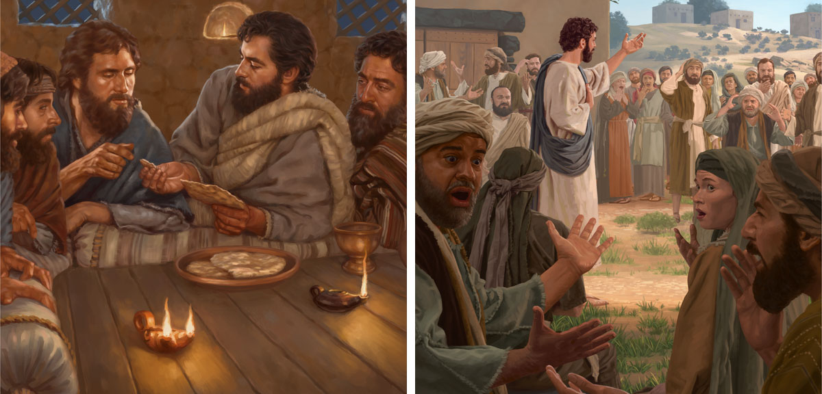 مجموعه‌ای از تصاویر:‏ ۱)‏ عیسی با جمعیتی صحبت می‌کند.‏ بعضی‌ها پچ‌پچ می‌کنند و عده‌ای از حرف‌هایش شوکه می‌شوند.‏ ۲)‏ عیسی مراسم شام سَرور را با رسولان وفادارش پایه‌گزاری می‌کند.‏