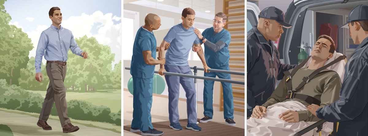 مجموعه‌ای از تصاویر:‏ برادری مجروح به مرور زمان بهبود پیدا می‌کند.‏ ۱)‏ امدادگران او را سوار آمبولانس می‌کنند.‏ ۲)‏ او فیزیوتراپی می‌کند تا بتواند دوباره راه برود.‏ ۳)‏ او با اعتمادبه‌نَفْس راه می‌رود.‏