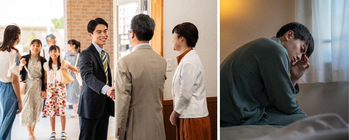 مجموعه‌ای از تصاویر:‏ ۱)‏ برادری که دلسرد شده روی تختش نشسته است.‏ ۲)‏ بعداً زوجی در جلسه از آن برادر استقبال می‌کنند و او لبخند می‌زند.‏