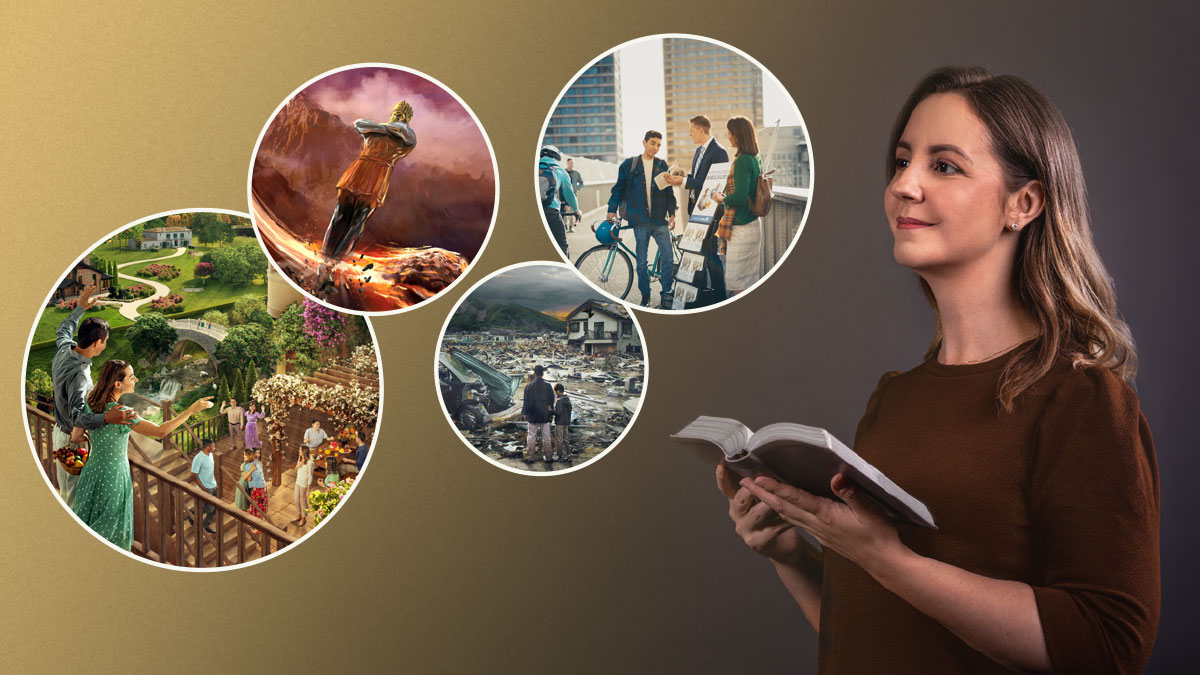 خواهری پیشگویی‌های کتاب مقدّس را می‌خواند و بر آن‌ها تعمّق می‌کند:‏ ۱)‏ یک زن و شوهر در حال موعظه با چرخ‌دستی،‏ با مردی صحبت می‌کنند.‏ ۲)‏ پدر و پسری به خرابه‌هایی بعد از یک فاجعهٔ طبیعی نگاه می‌کنند.‏ ۳)‏ سنگی به پاهای مجسمه‌ای می‌خورد که نِبوکَدنَصَّر در رؤیایش دید.‏ در مورد این مجسمه در دانیال باب ۲ توضیحاتی آمده است.‏ ۴)‏ مردم از زندگی در بهشت زمینی لذّت می‌برند.‏