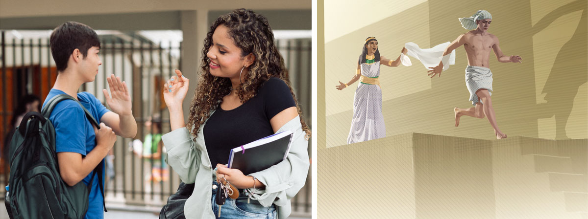 مجموعه‌ای از تصاویر:‏ ۱)‏ زن فوتیفار لباس یوسِف را در دست دارد و یوسِف از او فرار می‌کند.‏ ۲)‏ برادری نوجوان در مدرسه پیشنهاد دختری را رد می‌کند.‏