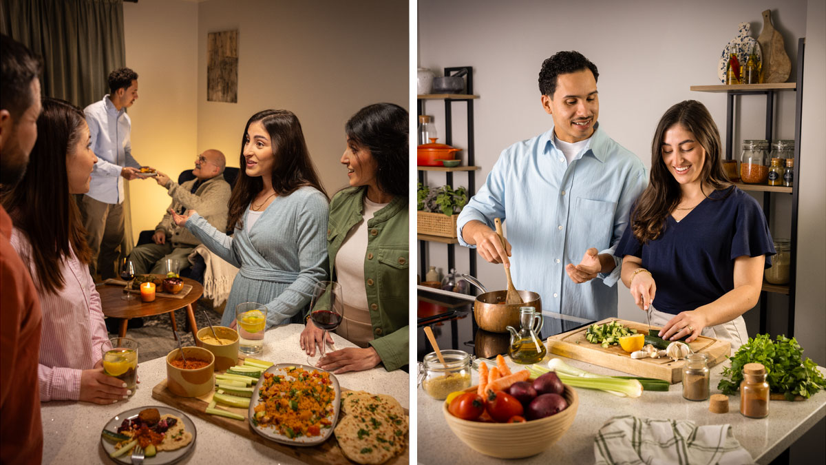 مجموعه‌ای از تصاویر:‏ زوجی با احترام با همدیگر رفتار می‌کنند.‏ ۱)‏ شوهر در آشپزخانه با همسرش غذا آماده می‌کند و با او با مهربانی صحبت می‌کند.‏ ۲)‏ در حالی که شوهر برای برادری سالمند غذا سرو می‌کند،‏ همسرش او را جلوی مهمانان تحسین می‌کند.‏