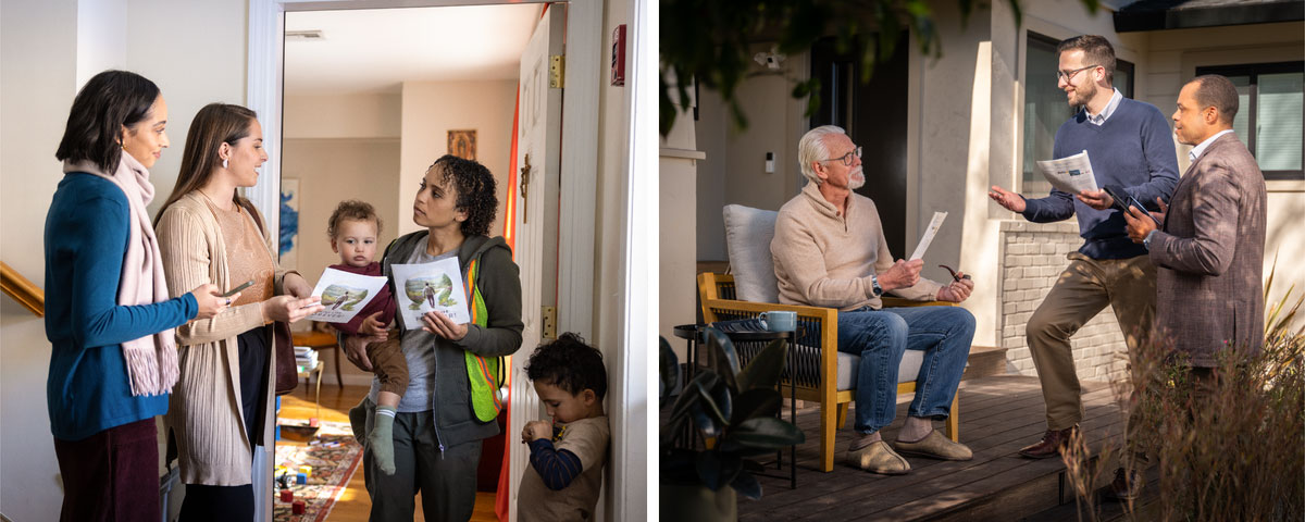 مجموعه‌ای از تصاویر:‏ ۱)‏ دو برادر با مرد مسنی که جلوی خانه‌اش نشسته صحبت می‌کنند.‏ ۲)‏ دو خواهر به مادری جلوی در خانه‌اش بروشور «تا ابد از زندگی لذّت ببرید!‏» را می‌دهند.‏ آن خانم یکی از پسرهایش را بغل کرده و پسر دیگرش کنارش ایستاده است.‏