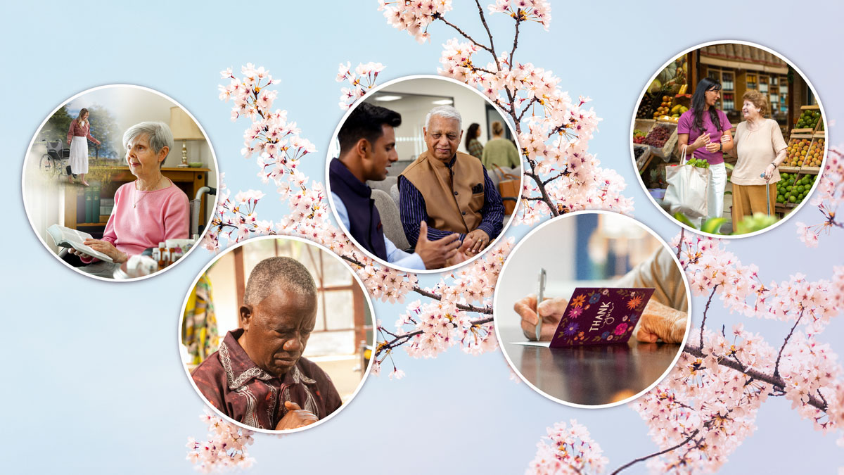 یک شاخهٔ درخت گیلاس که شکوفه دارد؛‏ عکس‌های کوچک راه‌های مختلفی را نشان می‌دهد که برادران و خواهران سالمند می‌توانند شادی‌شان را حفظ کنند.‏ این عکس‌ها در بندهای ۹-‏۱۳ بررسی می‌شوند.‏