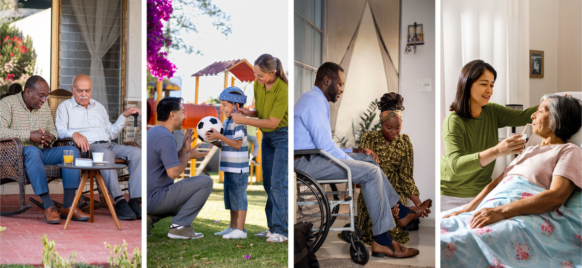 مجموعه‌ای از تصاویر:‏ افرادی در شرایط مختلف از عزیزانشان مراقبت می‌کنند.‏ ۱)‏ خواهری به مادر سالمندش که در بستر بیماری است غذا می‌دهد.‏ ۲)‏ خواهری به همسرش که روی صندلی چرخدار نشسته کمک می‌کند تا کفشش را بپوشد.‏ ۳)‏ خواهری روی سر پسر معلولش کلاه‌کاسکت می‌گذارد تا با پدرش فوتبال بازی کند.‏ ۴)‏ برادری به دیدن یک برادر مسن رفته و با او دعا می‌کند.‏