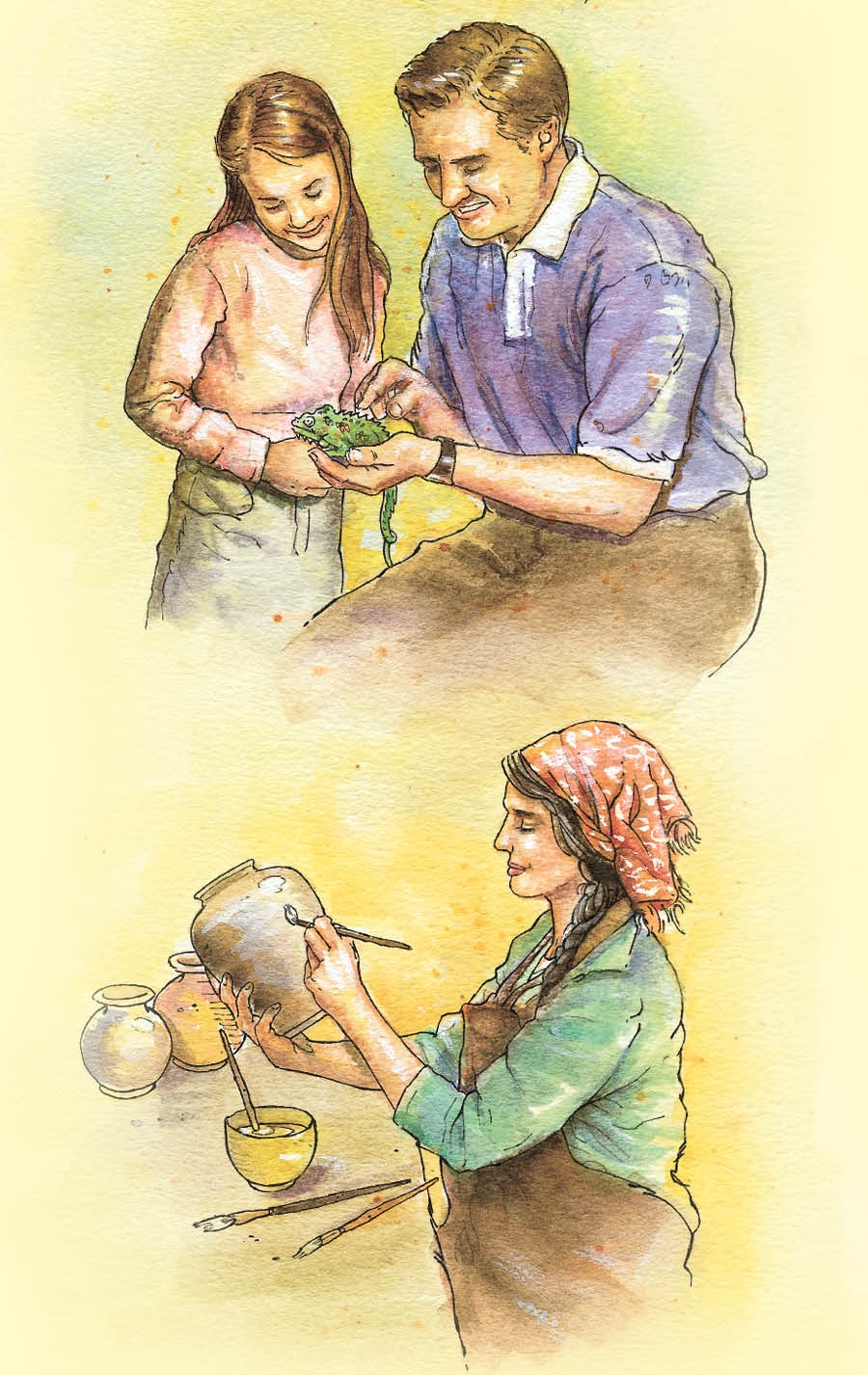 Un homme et une petite fille regardent un animal ; une femme peint