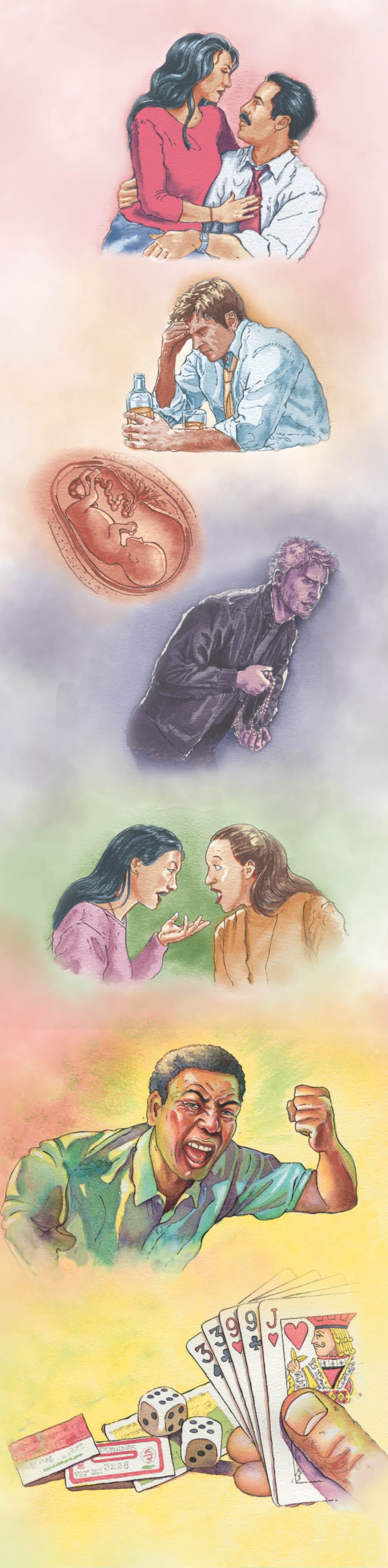 Des choses que Jéhovah déteste : des péchés sexuels, l’ivrognerie, l’avortement, le vol, le mensonge, les crises de colère et les jeux d’argent